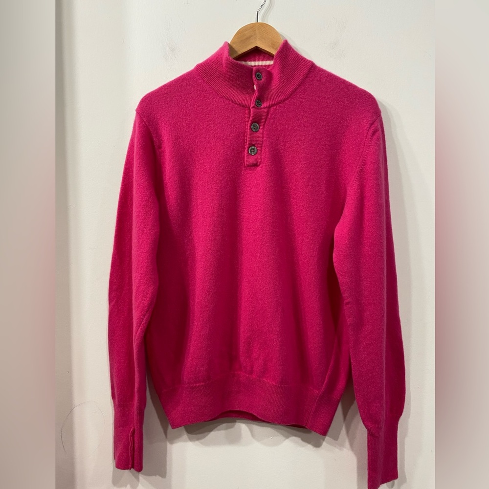 Vintage David Brown Wool Quarter Buttoned Mock Neck in Pink Oversized size S